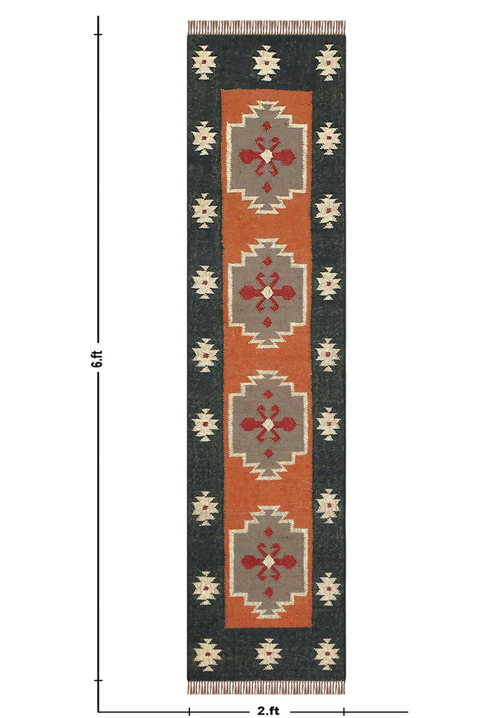 Kilim Runner 2x6 Reversible Southwestern Wool Jute Runner Geometric Design Brown Black Flatweave Carpet Thick 0.19"