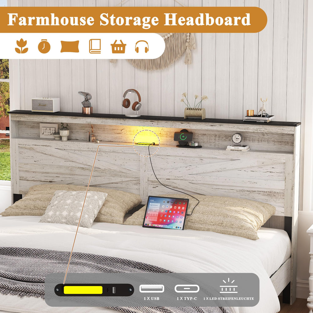 Farmhouse Wooden Bed Frame with Storage Headboard