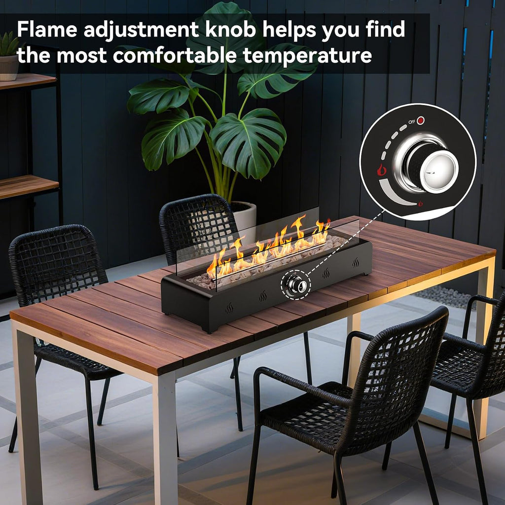 28'' Tabletop Fire Pit Table, Propane Gas Firepit Bottom Mounted for Table with Umbrella Hole, Glass Wind Guard and