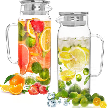 Set of 2 Glass Pitcher with Lid,2 Quart (64 oz / 1.9 Liter) Leak Proof,Glass Water Jugs, BPA-Free,Microwave &
