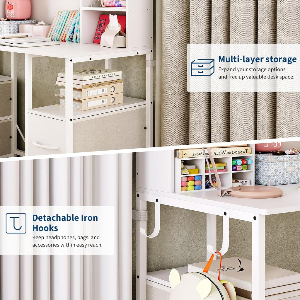 Kids Desk and Chair Set w/Hutch 4 Drawers Metal Frame Study Table, White