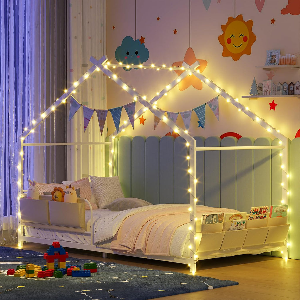 House Shape Twin Size Montessori House Bed Metal Floor Bed with Caddy | Twin Bedframe for Kids No Box Spring Needed