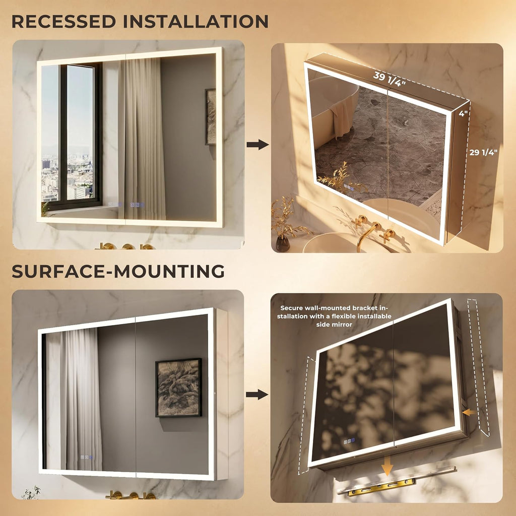 40" x 30" LED Medicine Cabinet, Lighted Medicine Cabinet, Surface & Recessed Mounting, Adjustable Color Temperature &