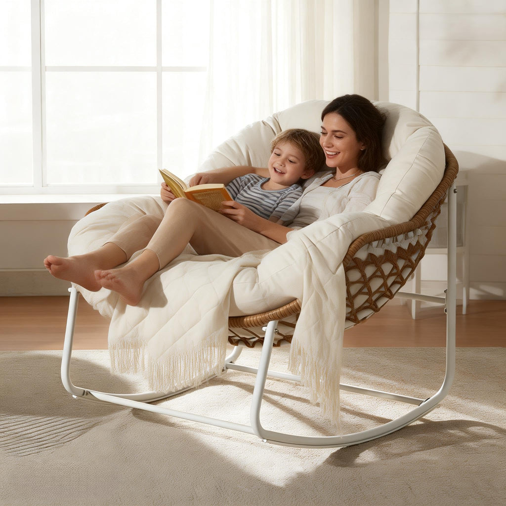 Oversized Outdoor Papasan Rocking Chair Set of 2 with Soft Cushion, Comfy Patio Egg Chair, Wicker Lounge Rocker for