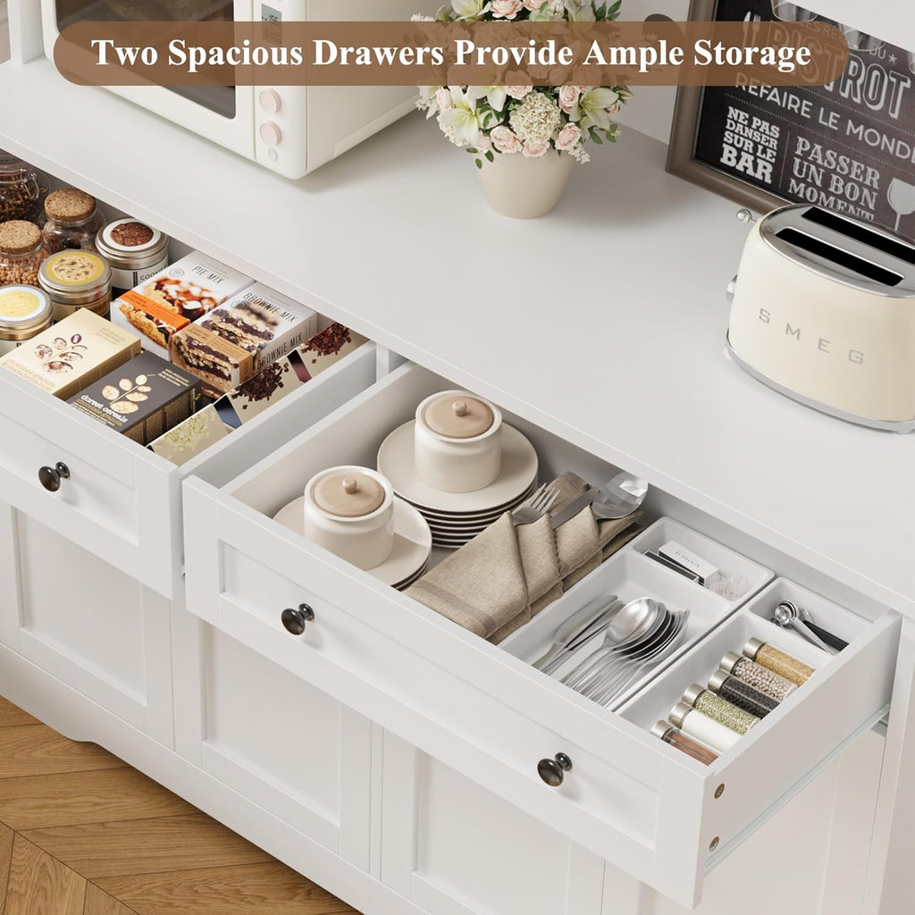75" Kitchen Pantry Storage Cabinet, Coffee Bar Hutch Cabinet, White | Tall Pantry Cabinet with Charging Station /