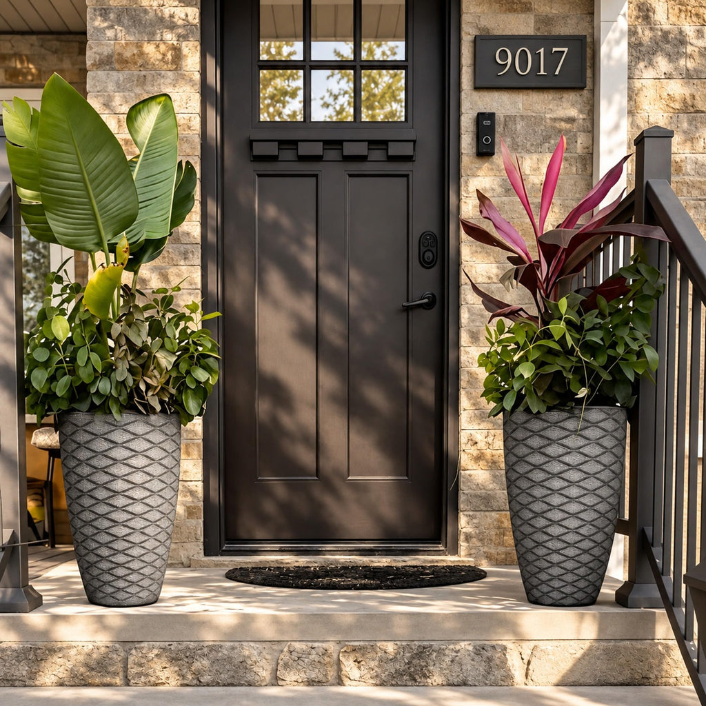 Autodaya 20" Tall Outdoor Planters Set of 2 Plant Pots, Black Wavy Texture