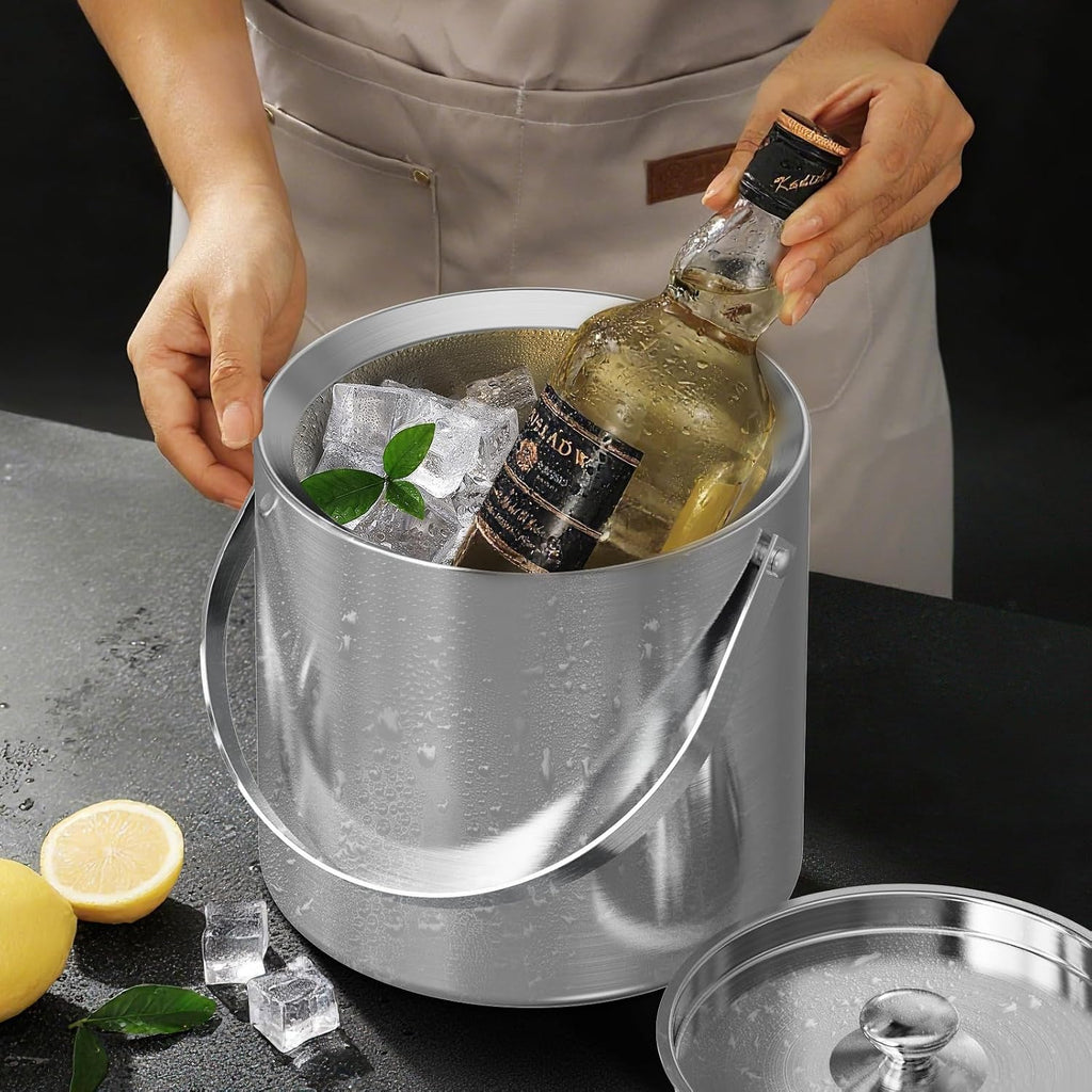 Ice Bucket, Ice Bucket with Lid Ice Tong Ice Scoop and Strainer for Cocktail Parties 3L Stainless Steel Insulated Ice