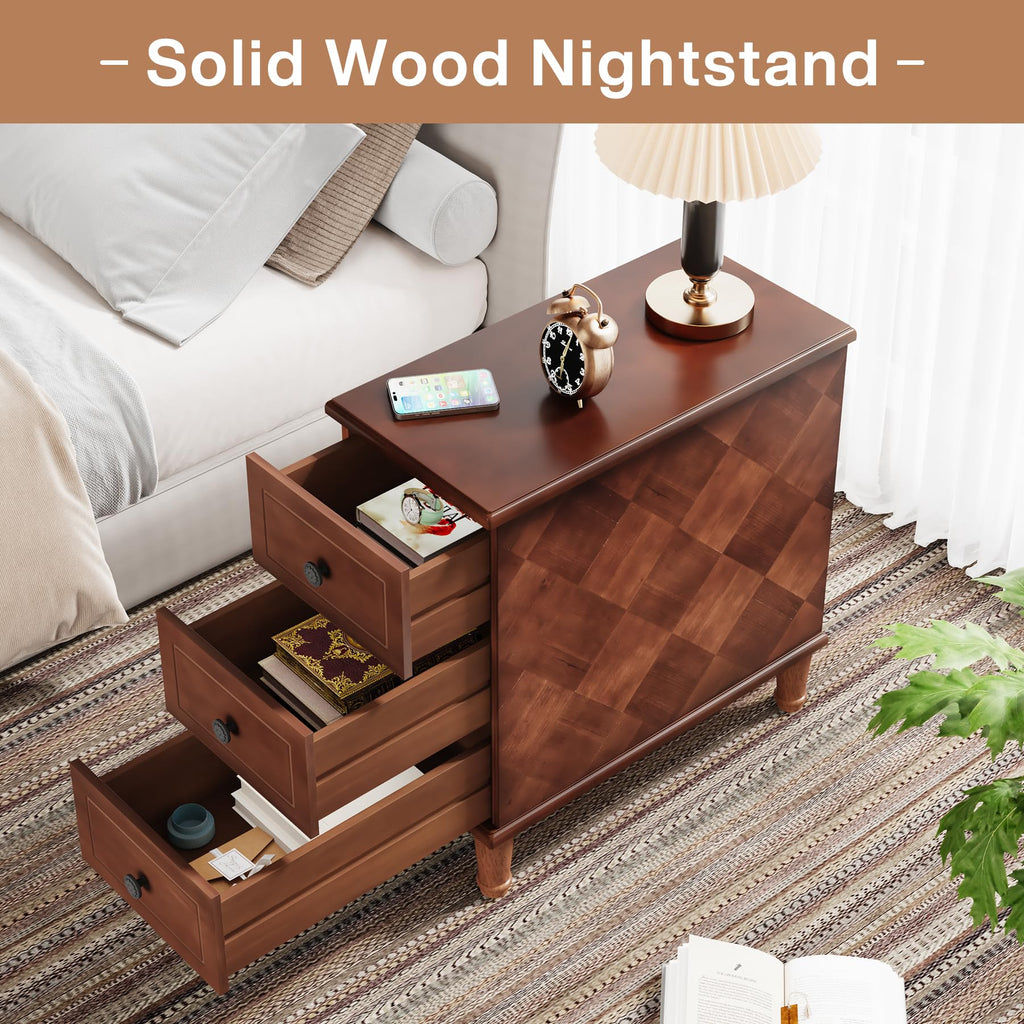 Solid Wood End Table, Fully Assembled Side Table with Drawers