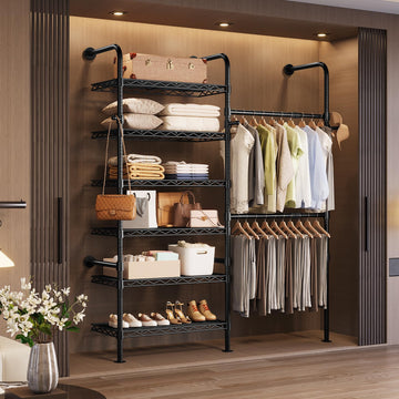 Wall Mounted Closet System, Heavy Duty 2-Row Clothes Rack, Expandable Industrial Pipe Closet Organizers and Storage