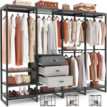 Wood Clothes Rack Wardrobe Organizer for Hanging Clothes, Heavy Duty Garment Rack, Large Corner L Shaped Closet