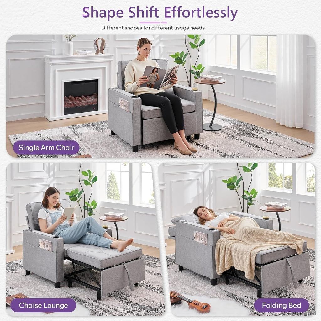Convertible Sleeper Chair for Adults, Single Pull Out Couch Bed, Grey | , 3-in-1, USB/Type-C Ports, Cup Holders, Side