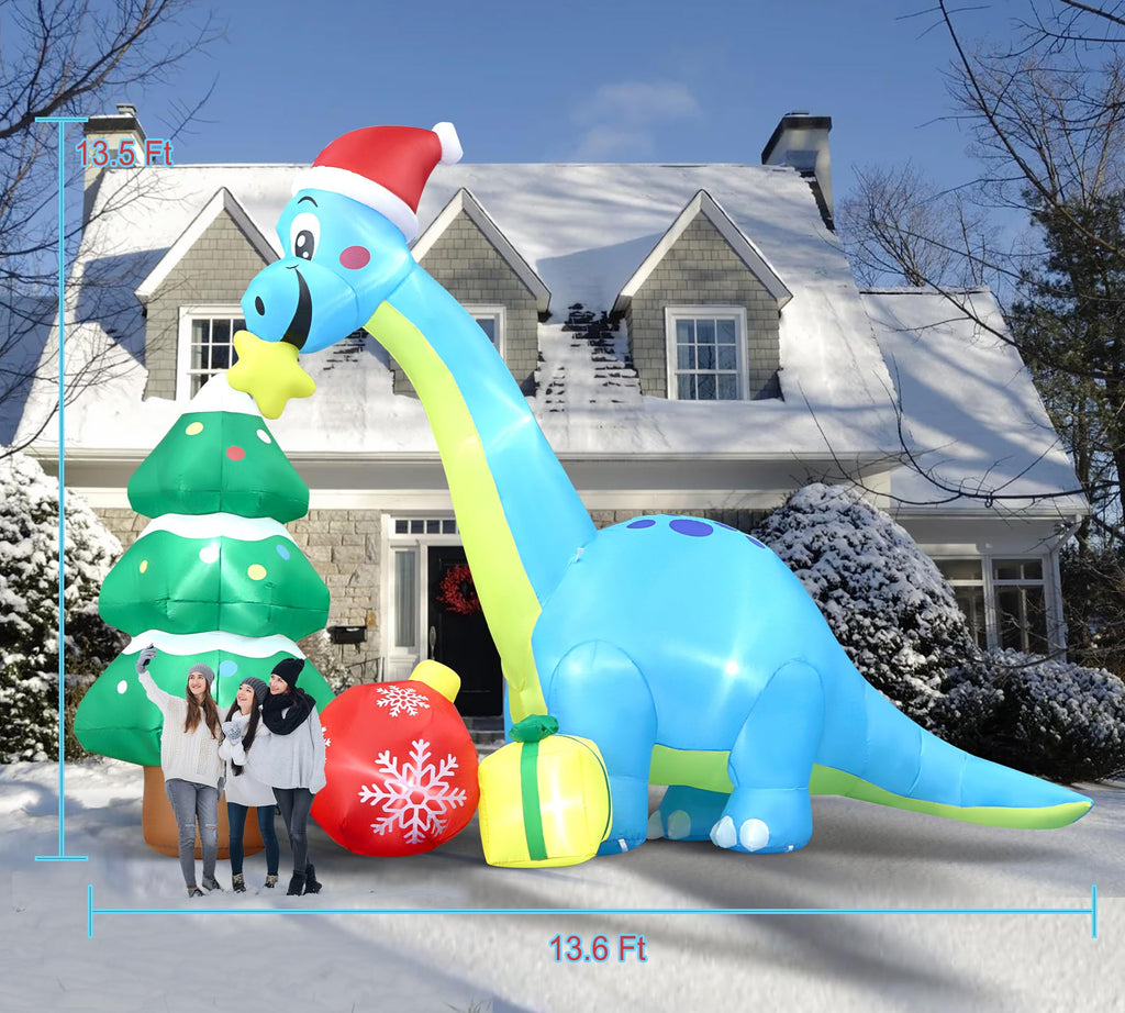 13.6 Ft Long Christmas Inflatable Decorations, Huge Xmas Inflatable Dragon Dinosaur with Trees Gift Hats Decors