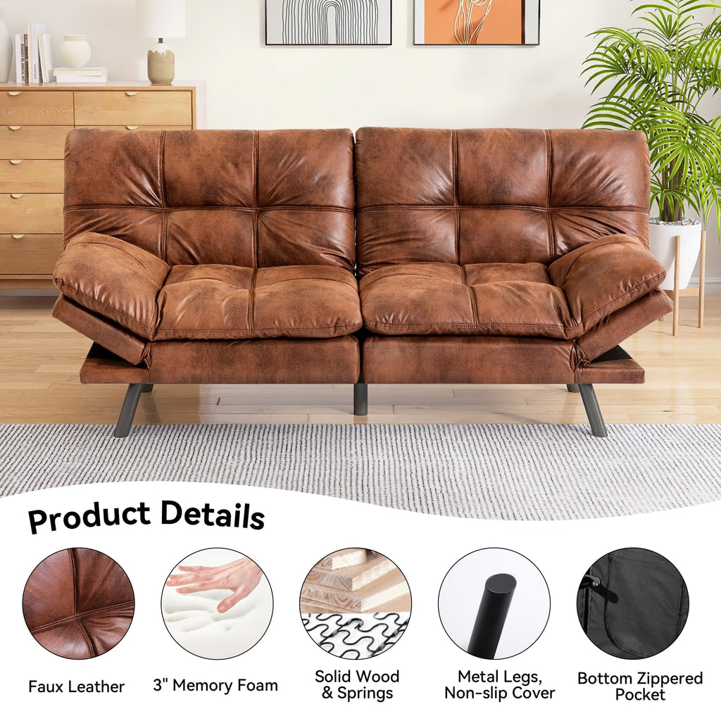 Saddle Brown Faux Leather Futon Sofa Bed, Convertible Futon Couch