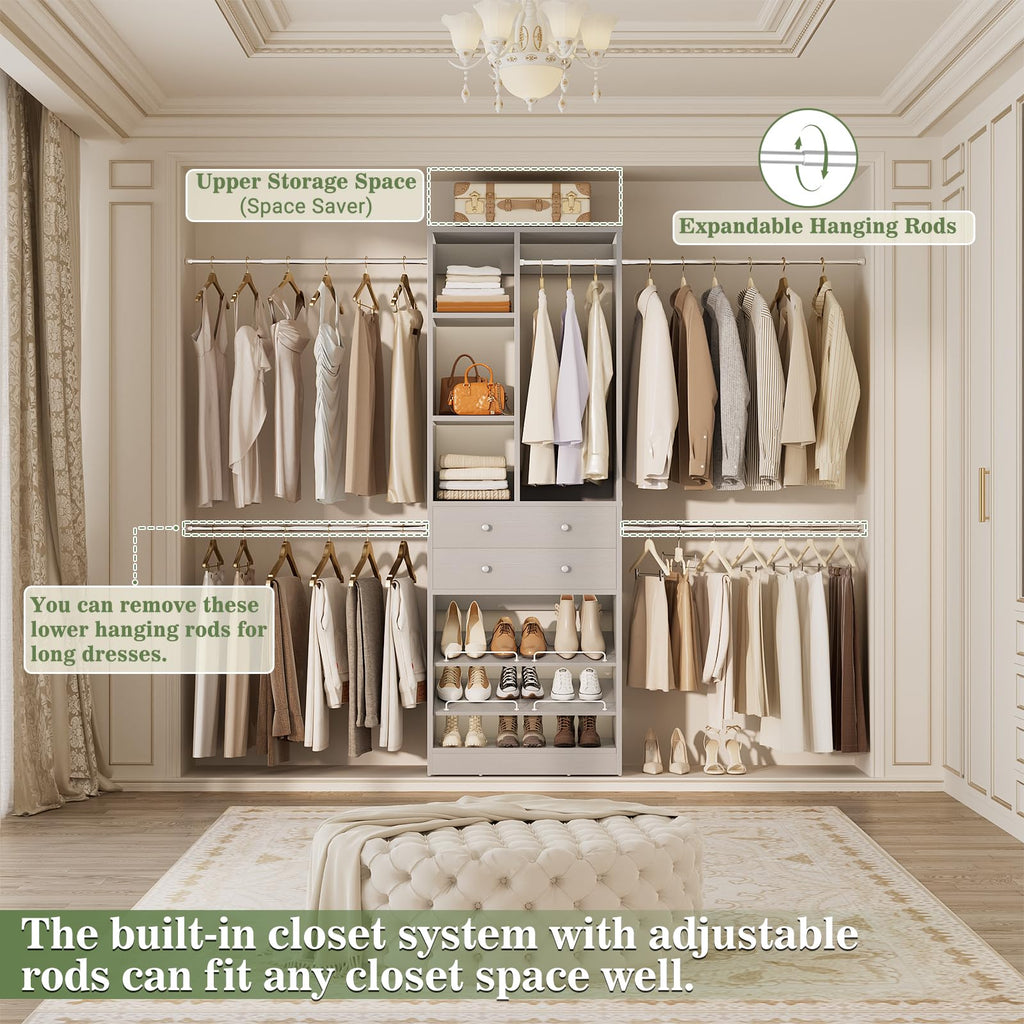 Closet System, 4.2-8.8 FT Closet Organizer with 2 Wooden Drawers and Shelves, Walk-in Closet System with 5 Hang Rods