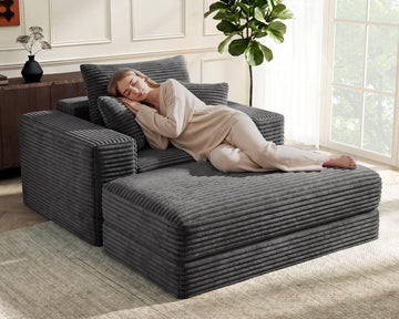 60'' Oversized Chaise Lounge Chair Indoor with Ottoman, Convertible Boneless Sofa Bed & Corduroy Reading Chair, No