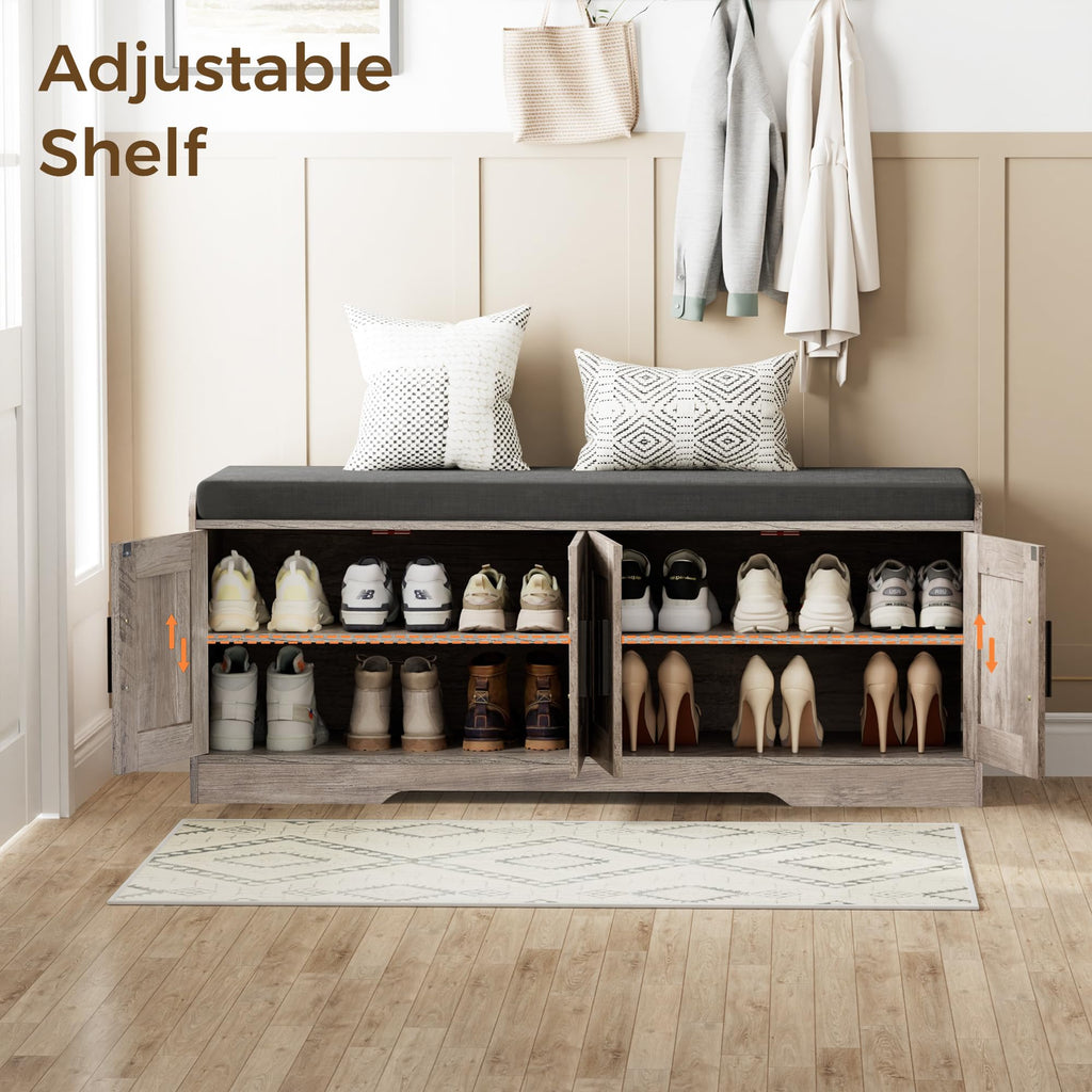 Shoe Storage Bench, 4 Doors & Thickened Padded Seat Cushion