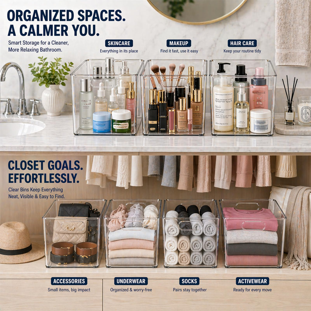 4 Pack Clear Plastic Storage Bins 11x8x6in Storage Containers
