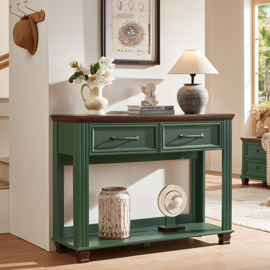 46" Farmhouse Console Table with Drawers, Green Entryway Table