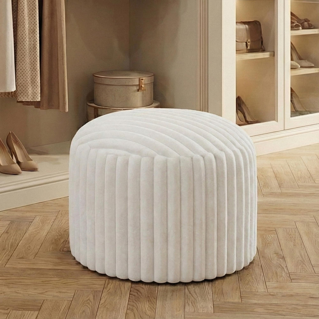 Round Stuffed Pouf Ottoman, Stripe Faux Fur Footrest, Solid Block Support+Soft Cushion Comfort, Removable Washable