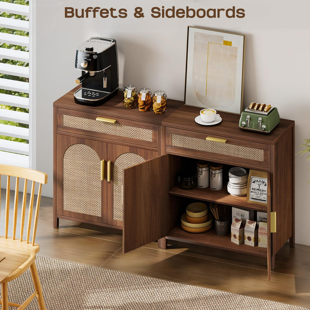 Rattan Buffet Cabinet with Storage, Sideboard with Drawers, Doors and Shelves, Accent Cabinet, Farmhouse Coffee Bar
