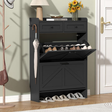 Black Shoe Cabinet with 2 Flip Drawers & 2 Storage Drawers, Rustic Farmhouse Narrow Shoe Organizer Cabinet, Slim Shoe