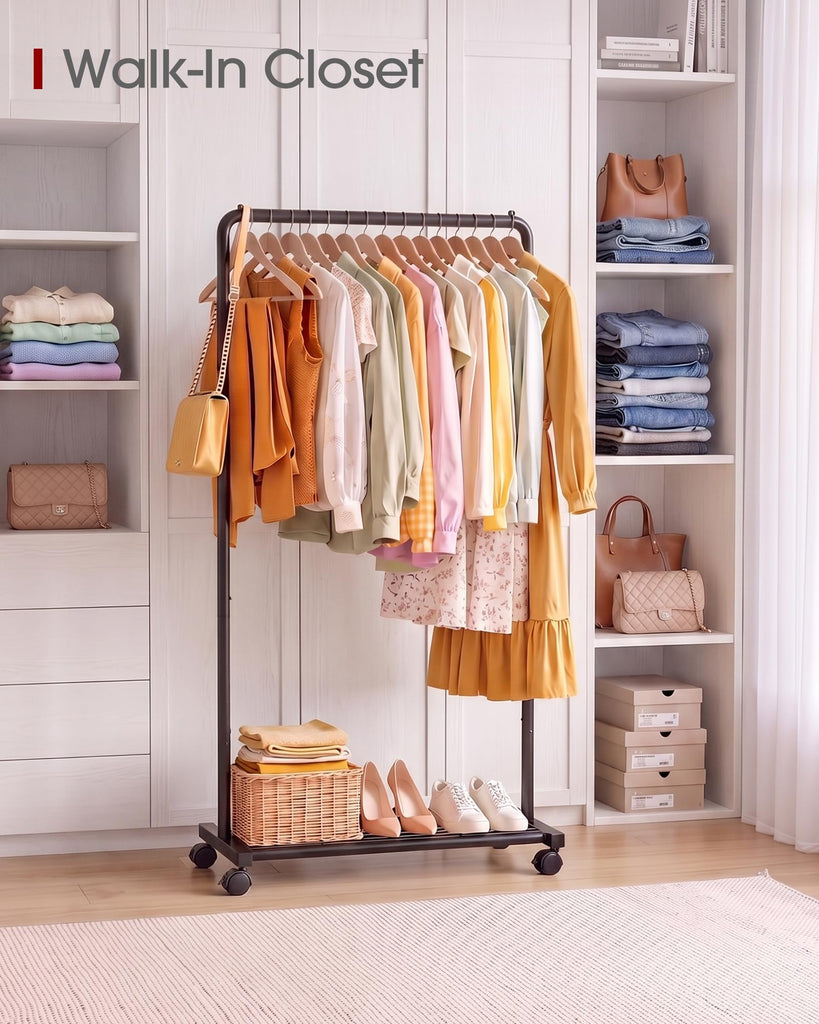 Clothes Rack - Clothing Rack with Storage Mesh Shelf & Casters, Heavy-Duty Metal Clothing Rack for Hanging Clothes