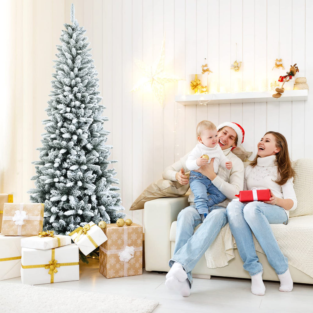 7.5ft Snow Flocked Pencil Christmas Tree with 1189 Branch Tips