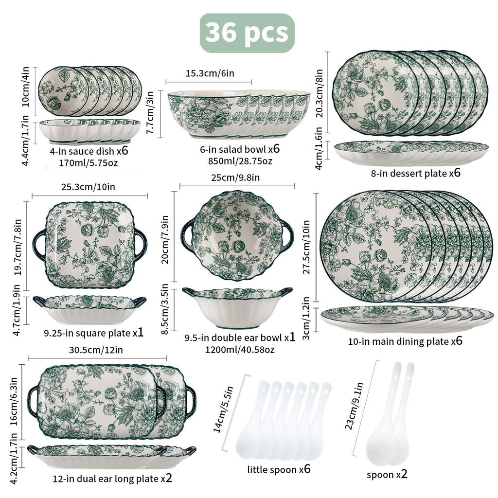 Ceramic Dinnerware Set, Series Kavara II, (Green Rose)