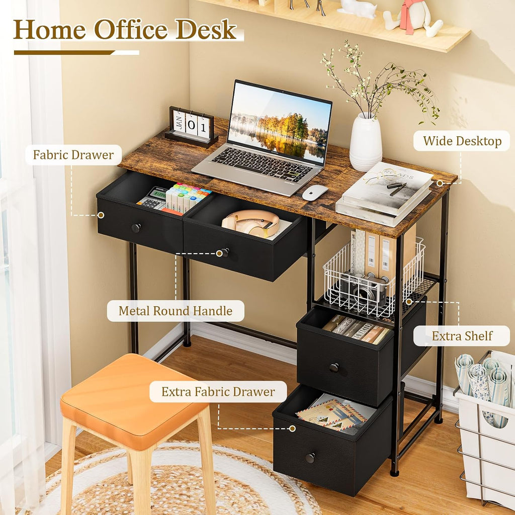 Small Computer Desk with 4 Fabric Drawers, Simple Writing Desk, Compact Study Desks for Small Spaces, Kids Desk Study