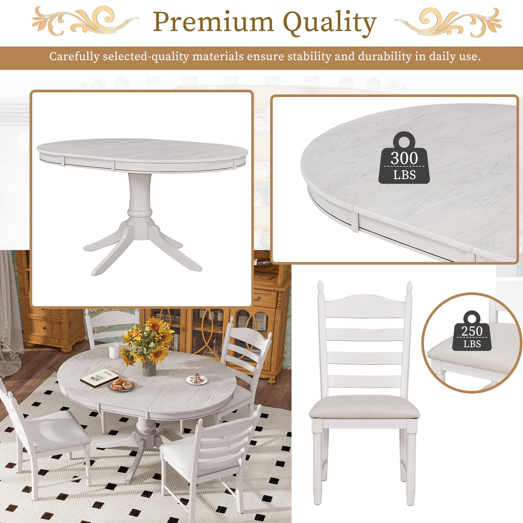 5 Piece Extendable Dining Table Set for 4, 4 Slat Back Solid Wood Dining ChairSet, 58"-42" Folding Oval Round Dining
