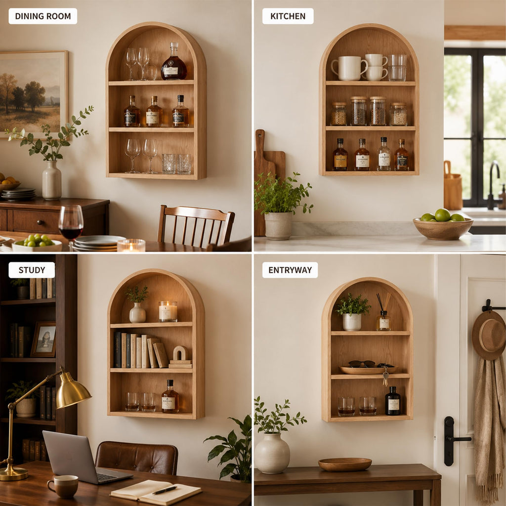 Arched Wall Shelf, Solid Wood Wall Mounted Wine Rack, Floating Bar Shelves