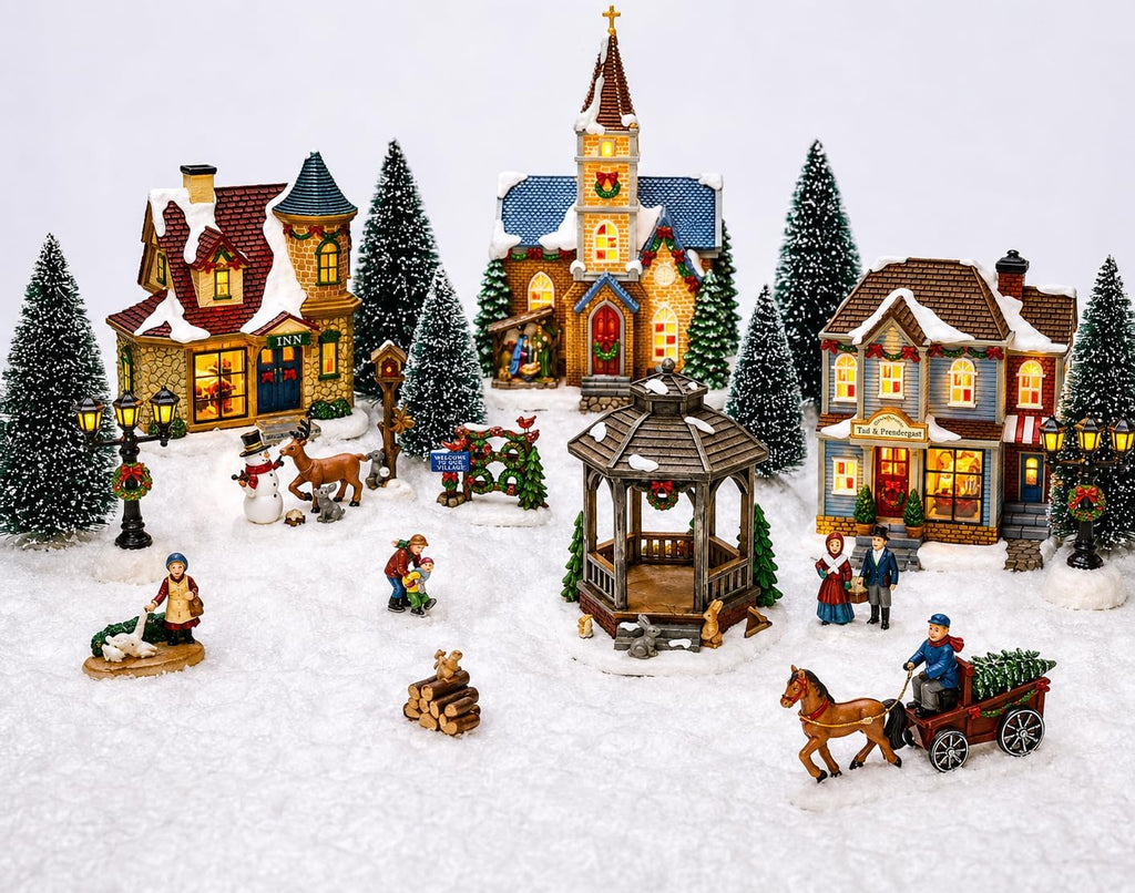 20-Piece Lighted Christmas Village Set with LED Lights Battery Operated Miniature Holiday Town Display Hand-Painted