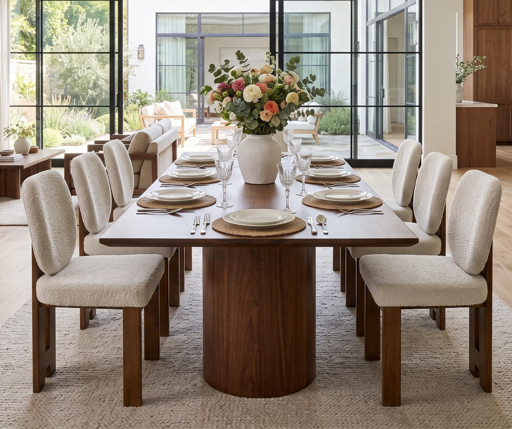 Modern Boucle Dining Chairs Set of 6, Upholstered Armless Side Chairs with Ergonomic Curved Back/Walnut Wood Legs