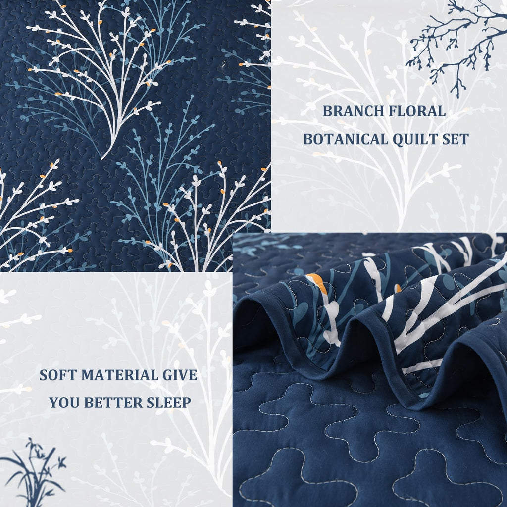 Navy Quilt Set Branch Botanical Bedspread Coverlet Set