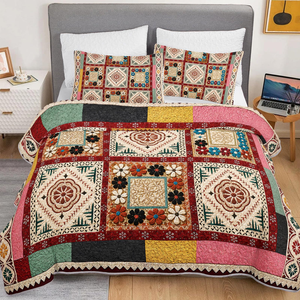 Vintage Bohemian Floral Patchwork Quilt, Geometric Bedspread.