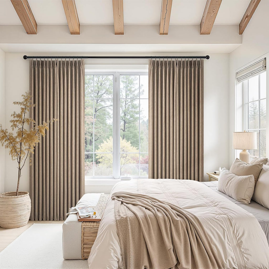 Dark Flax 90 Inches Long Linen Curtains,Full Blackout Pinch Pleated Thermal Insulated Soundproof Curtains,Dark Flax