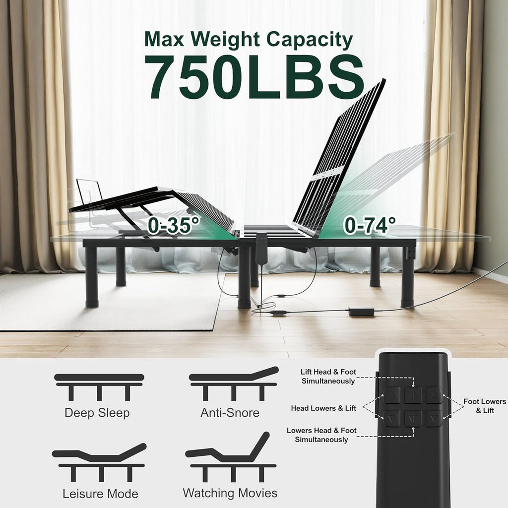 King Adjustable Bed Base, Wired Remote Control, Independent Head and Foot Incline, Electric Bed Frame Base