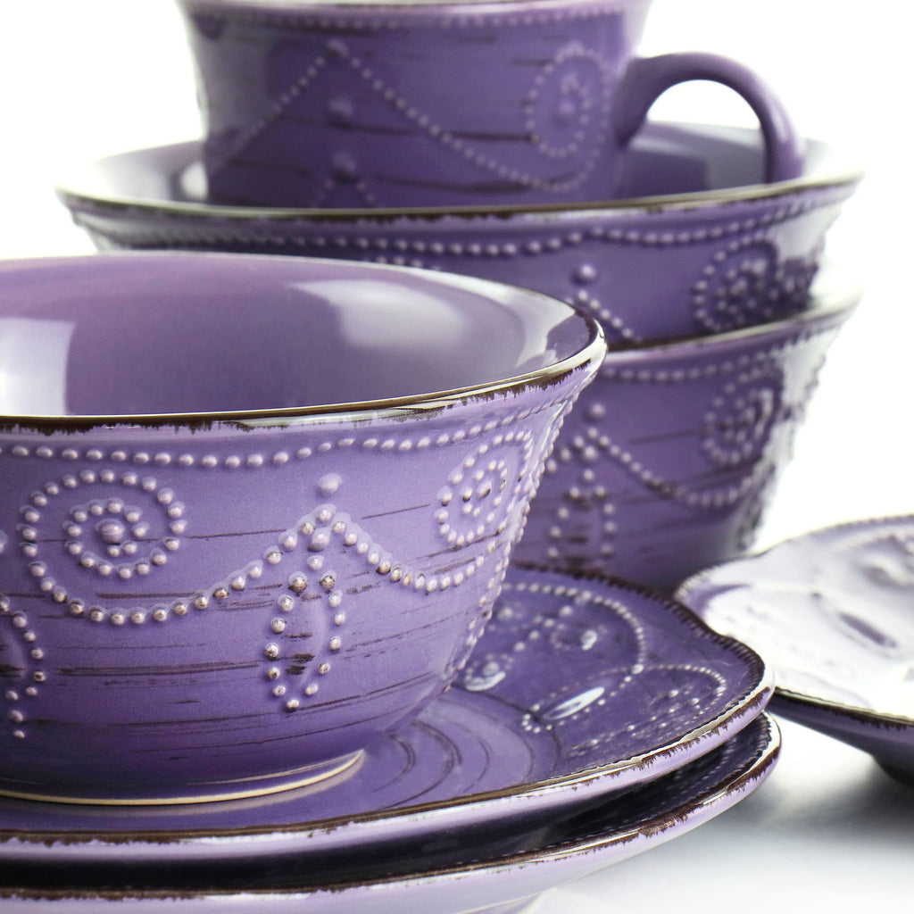 Rustic Birch 16 Piece Stoneware Dinnerware Set in Purple, Purple with Brown Accents, (EL-RUSTICBIRCH)