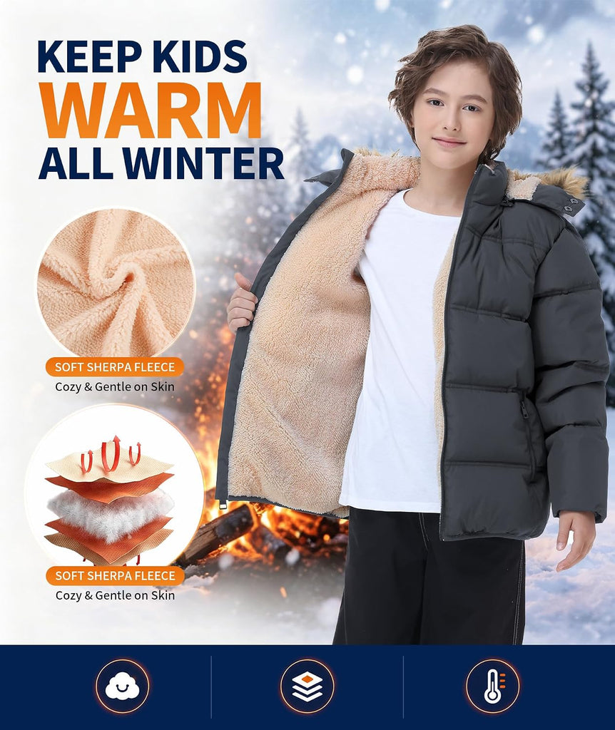 Boys Girls Winter Puffer Jacket Water Resistant Hooded Coat