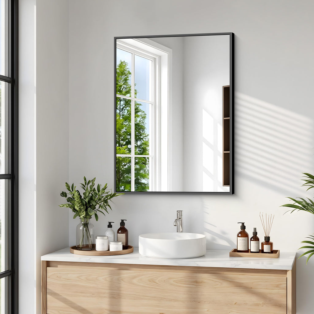 Bathroom Mirror, 20x24 inch Wall Mirror Wall Mounted Black Rectangle Square Corner Mirrors, Black Bathroom Mirror