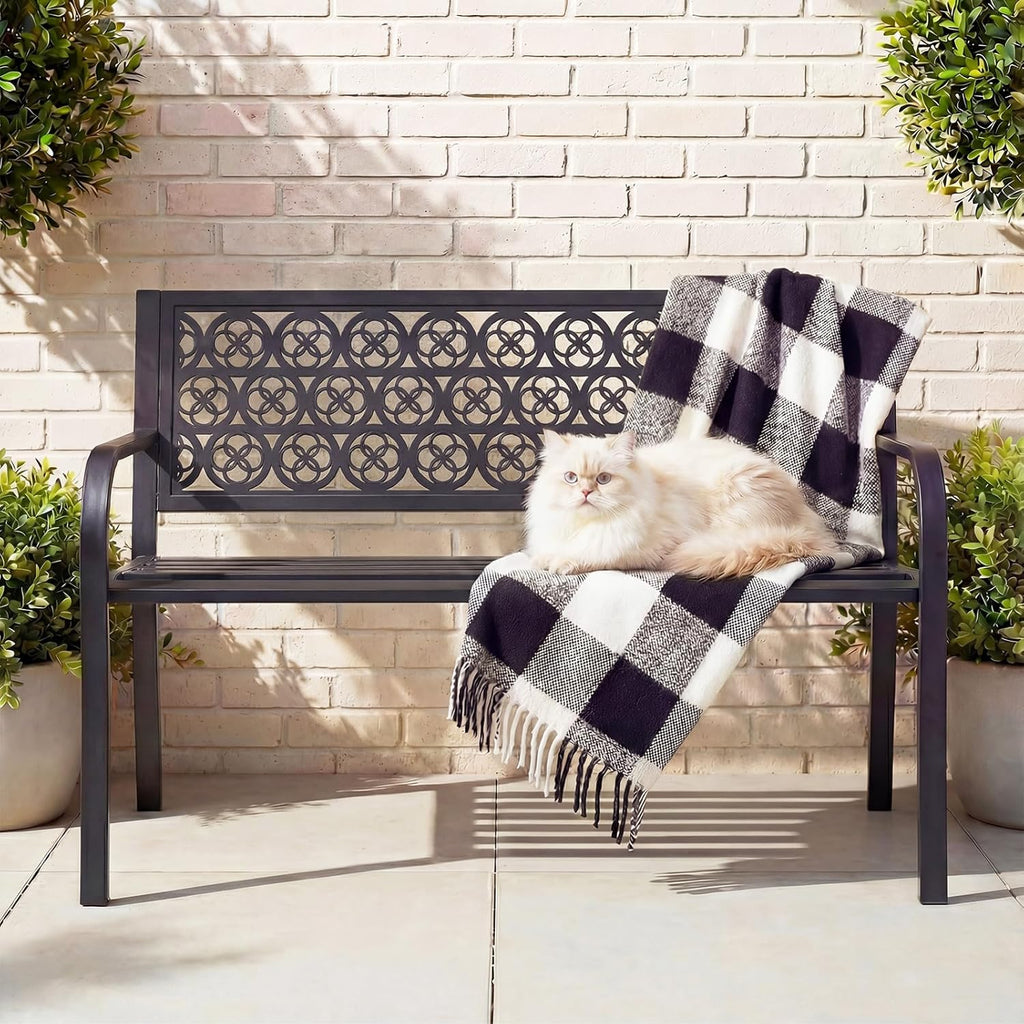 44" Outdoor Garden Bench, Iron Metal Frame Patio Bench with Backrest and Armrests, Weatherproof Anti-Rust Outdoor