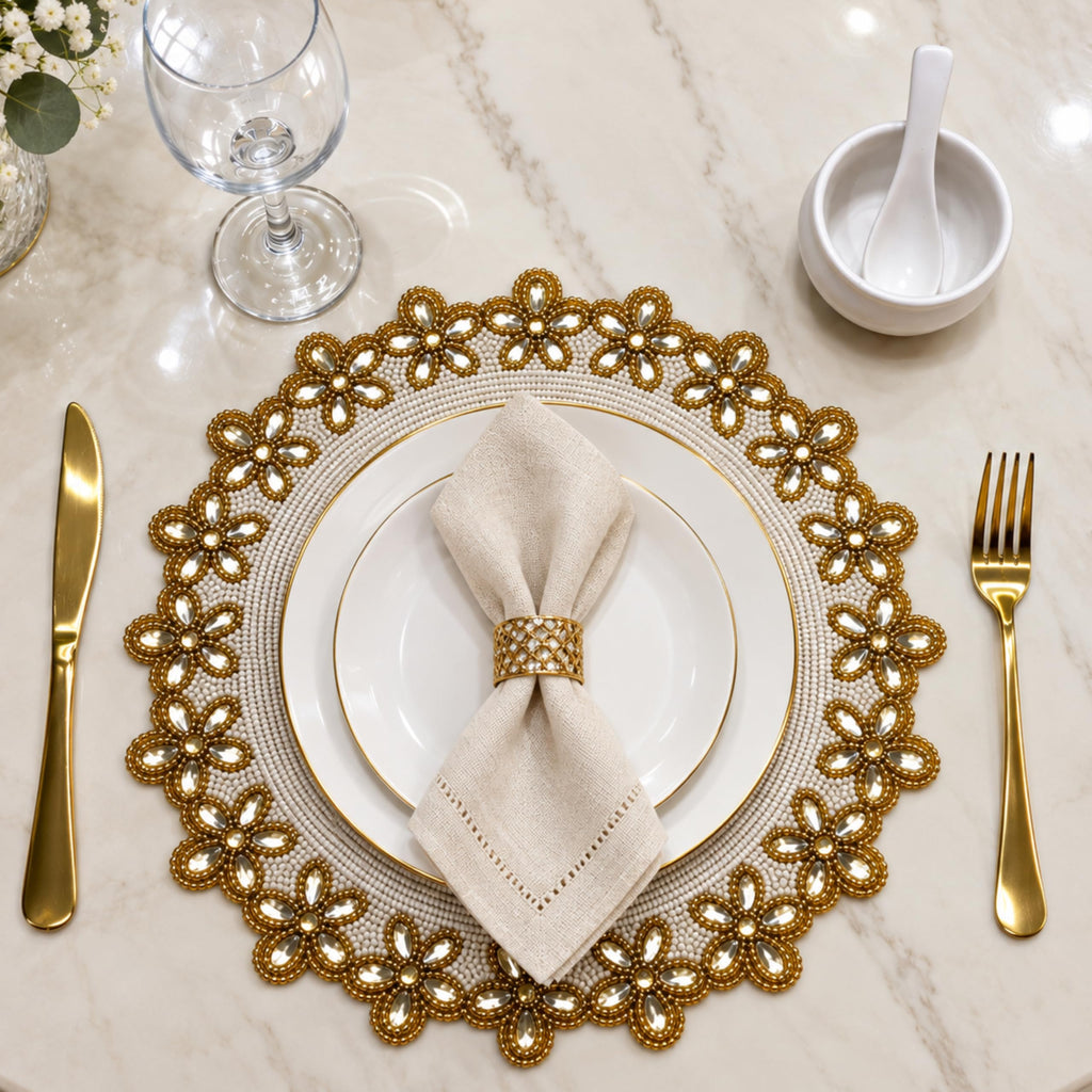 Beaded Placemats for Dining Table Ivory Gold - Measure 13 Inches