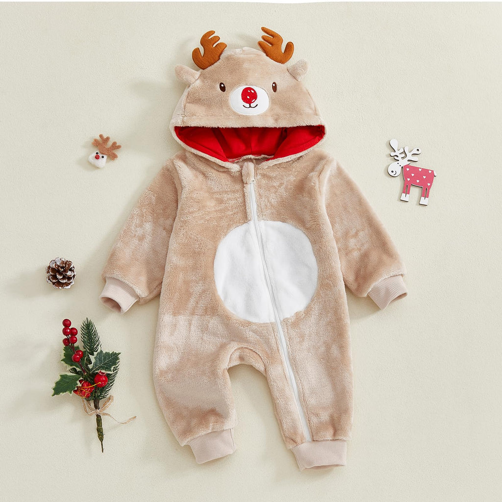 My First Christmas Baby Girl Boy Outfit Baby Reindeer Romper Long Reindeer Ear Hoodie Jumpsuit Fall Winter Clothes