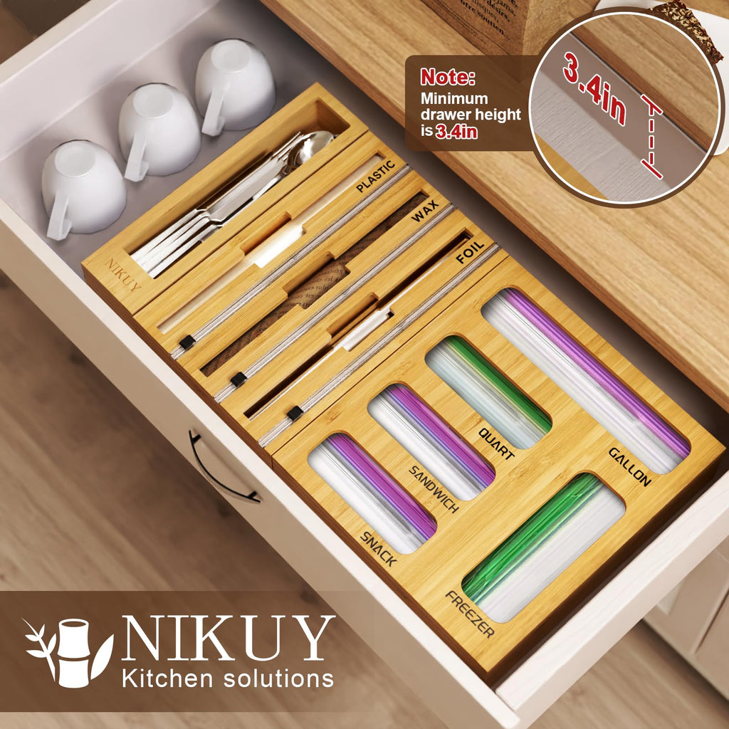9 IN 1 Bamboo Foil and Plastic Wrap Organizer Drawer, Plastic Bag Organizer Organization and Storage, Food Storage