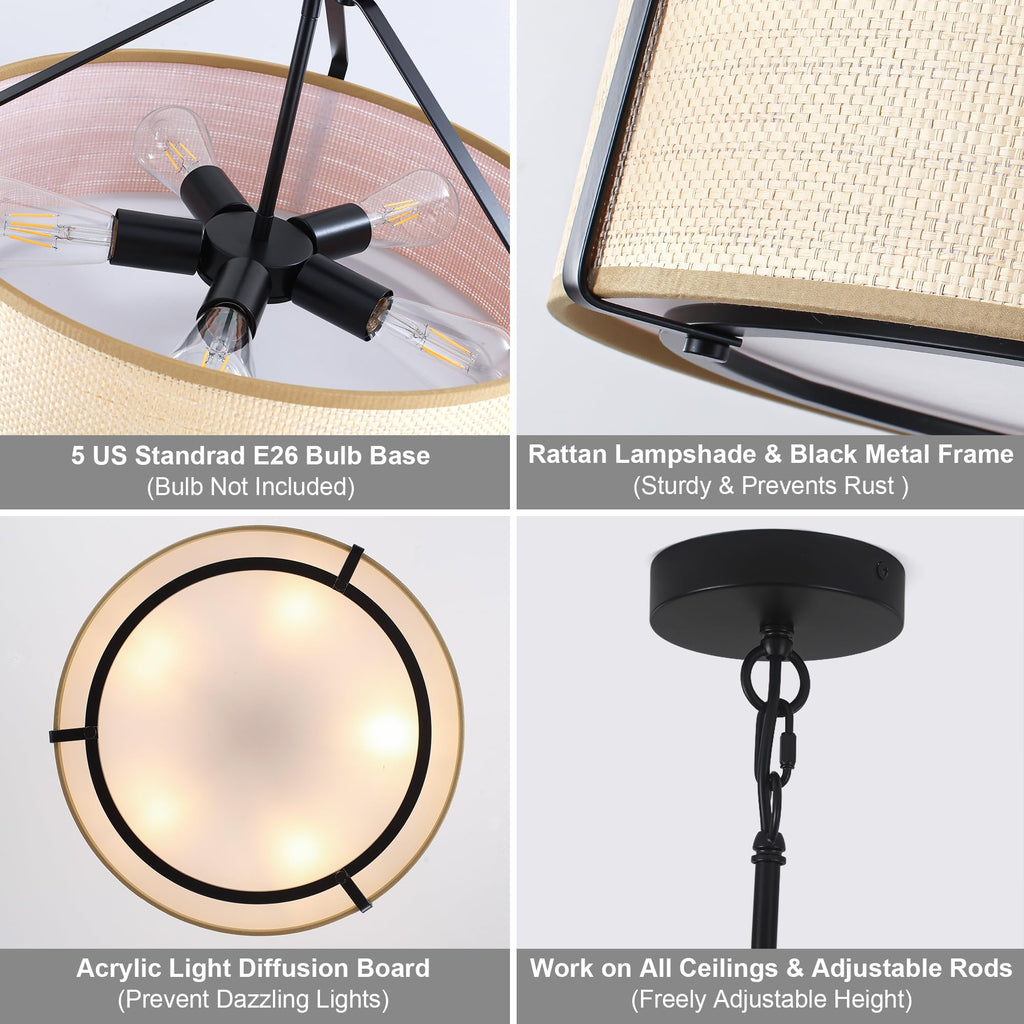 20Inch Drum Chandeliers, Yellow Rattan Drum Chandelier with Metal and Fabric Shade, Adjustable Height, Simple Modern