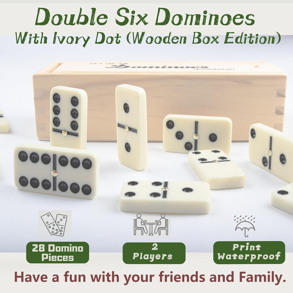 Double Six Dominoes Set for Adults, 28 Tiles with Wooden Box