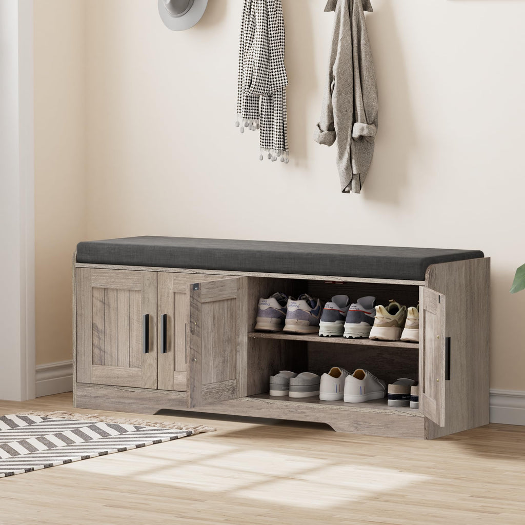 Shoe Storage Bench, 4 Doors & Thickened Padded Seat Cushion