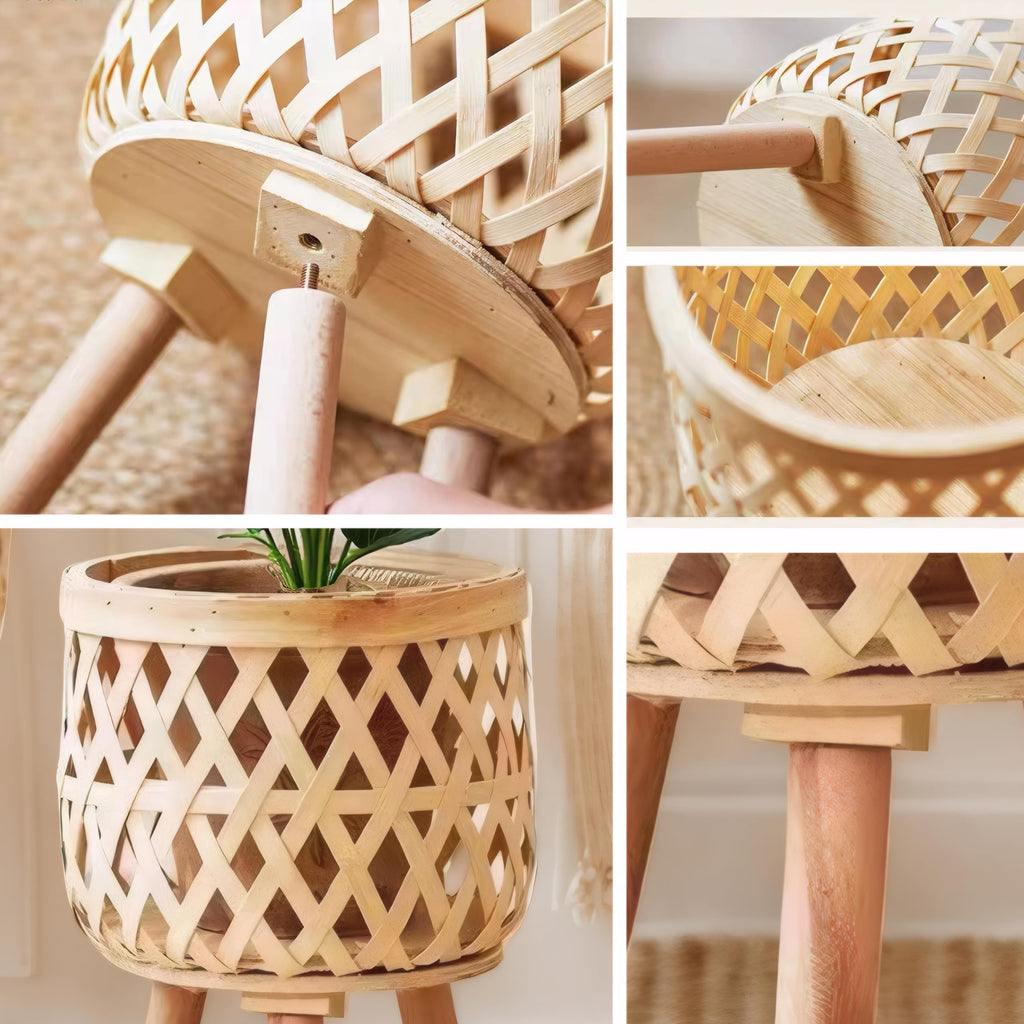 Boho Rattan Plant Stand Set of 2 - Handwoven Tall Elevated Wicker Plant Baskets for Indoor Plants, Mid-Century Modern