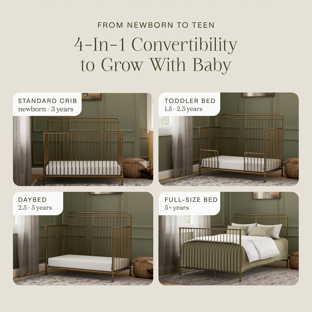 Winston 4-in-1 Convertible Crib w/Wheels Vintage Gold Bedside | GREENGUARD Gold Certified - Portable, Metal Baby Crib