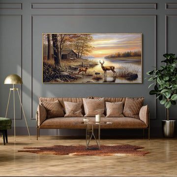Deer Pictures Wall Decor - Autumn Rustic Forest Cabin Painting Prints Wildlife Pictures Animal Elk Poster Canvas Wall